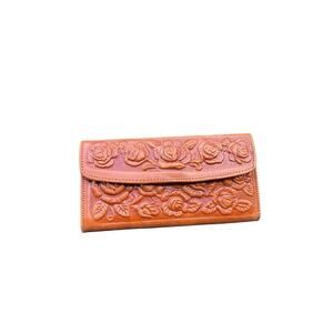 Artisan Tooled Flowers Leather Wallet - Made in Mexico - Credit Cards Coin Purse
